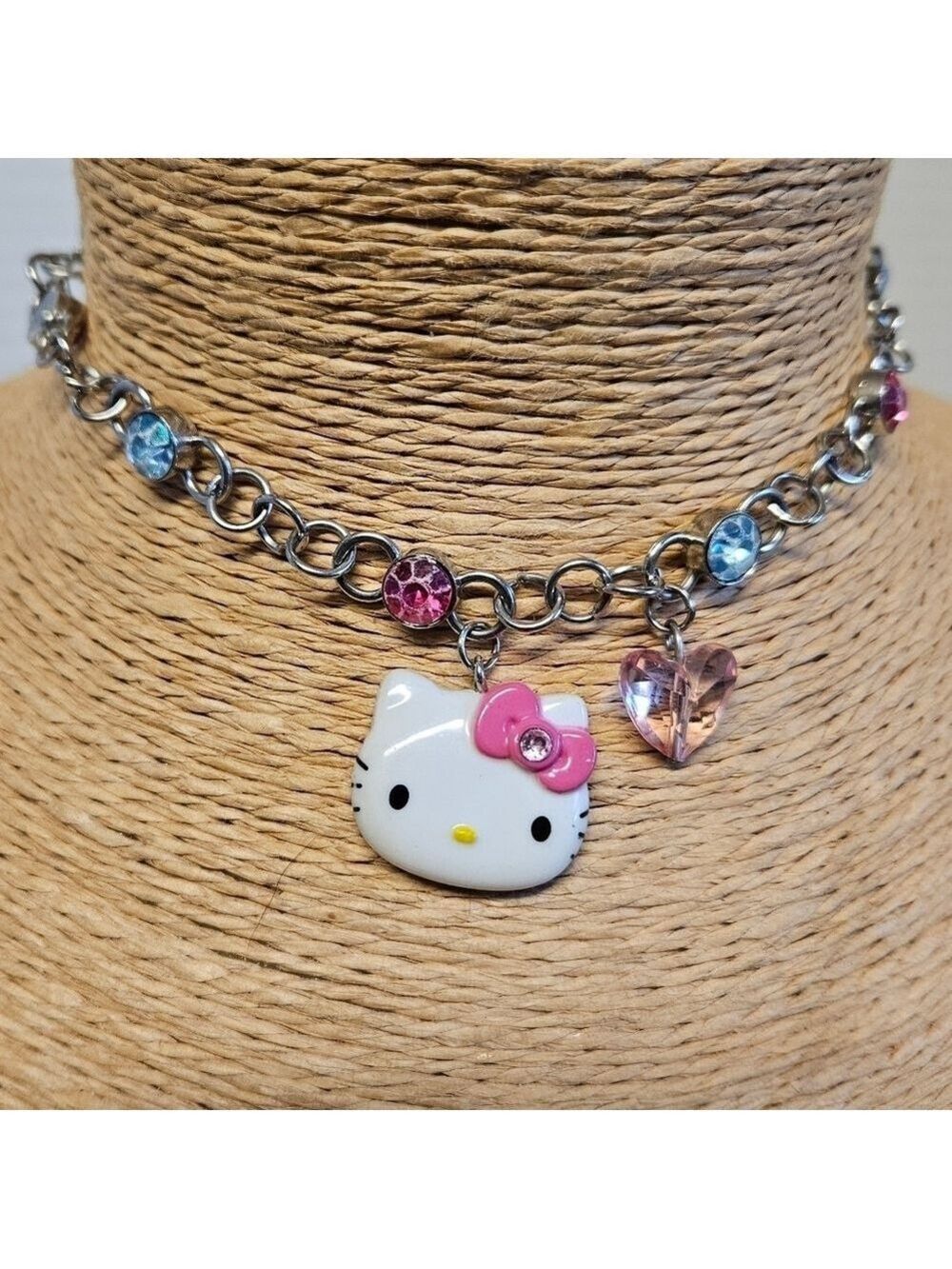 Vintage Sanrio 2012 "Hello Kitty" Pink and Blue Jeweled Pendant Necklace